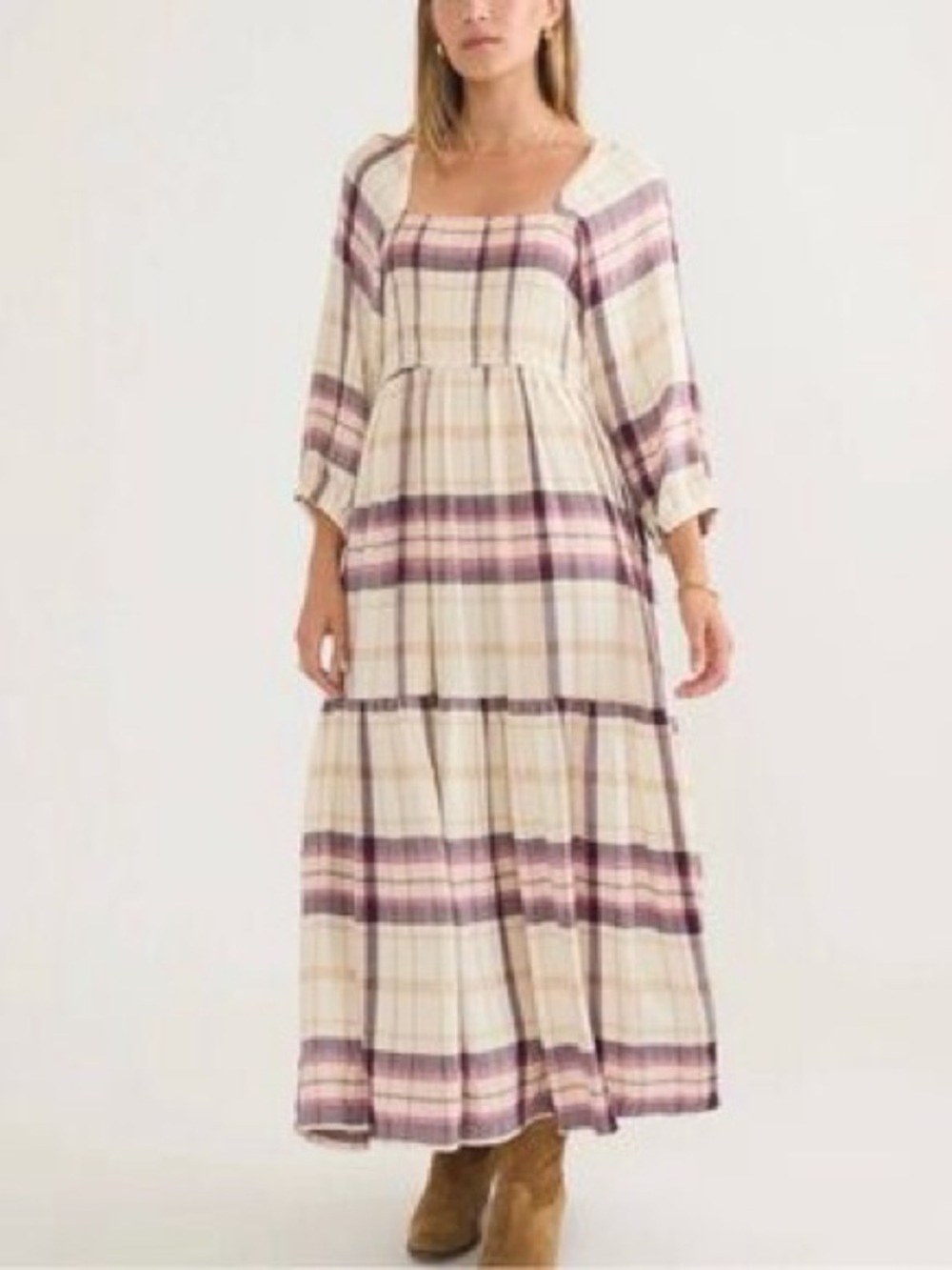 Marine Layer - Ivy Plaid Smocked Long Sleeve Square Neck Tiered Midi Dress Small